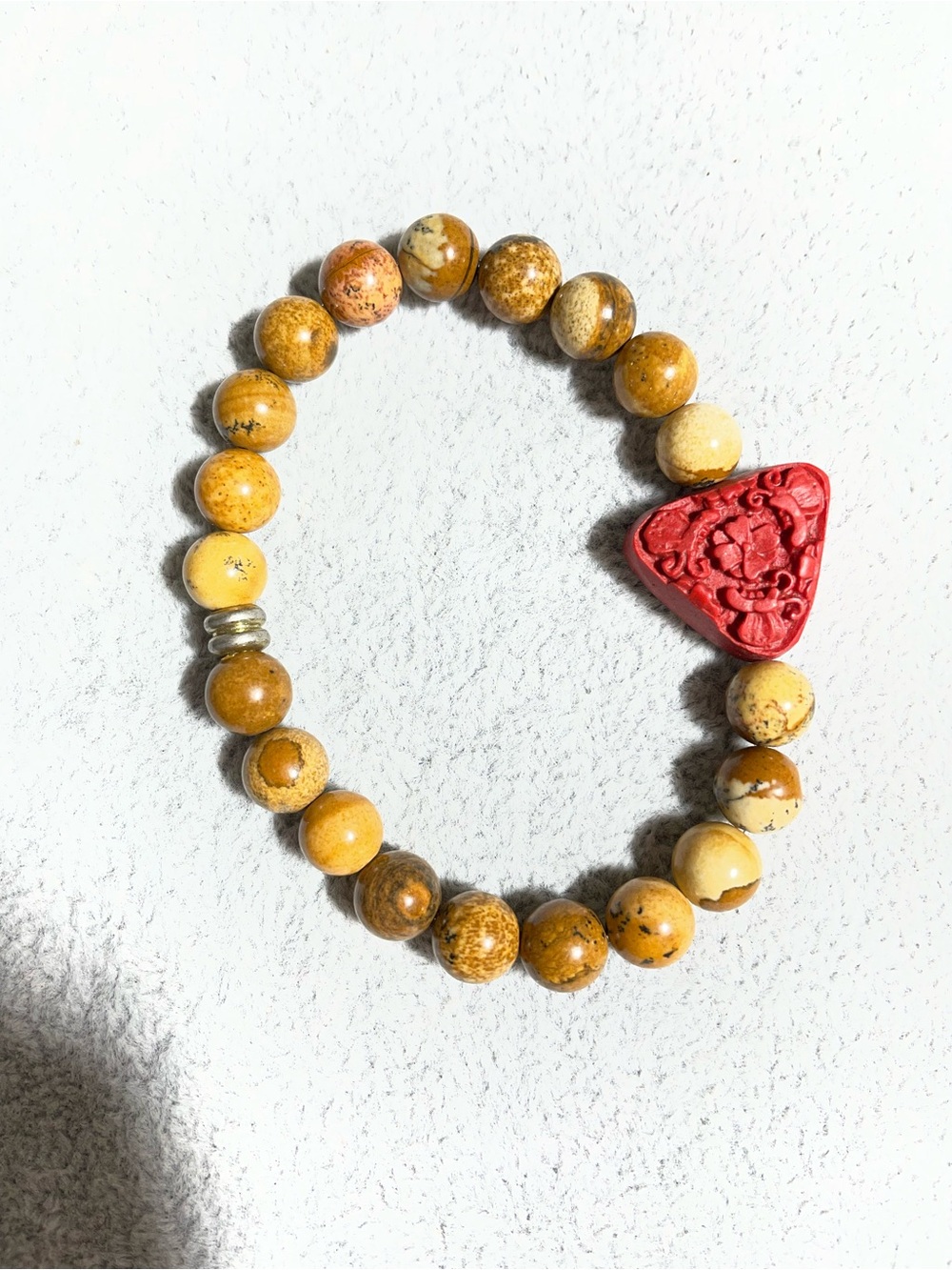 Artisan Picture Jasper Carved Cinnabar Accent Beaded Bracelet Sz 6.5